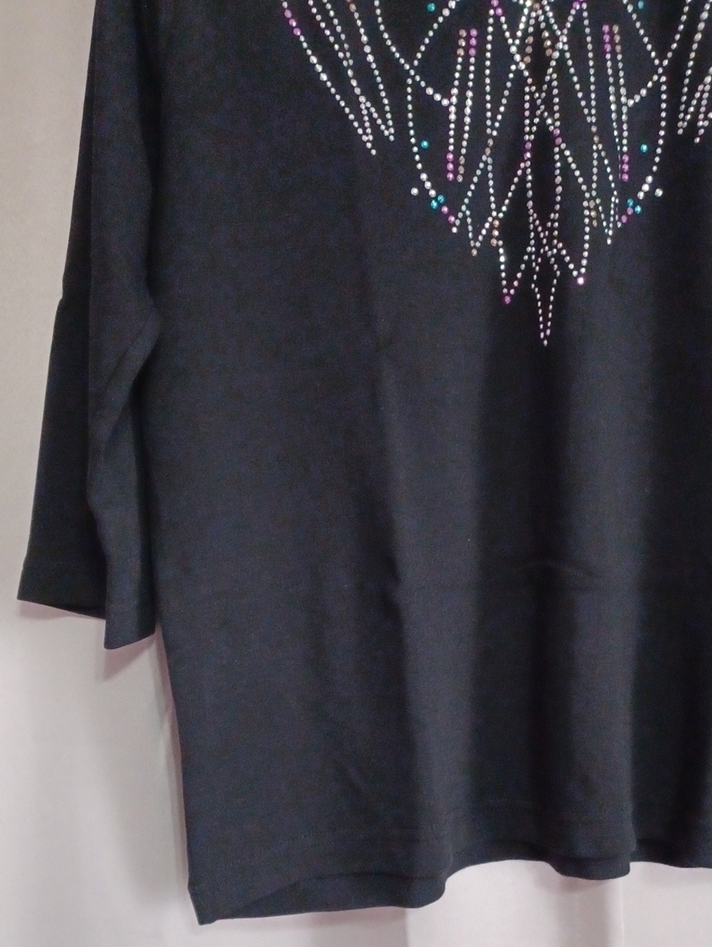 Las Olas Black V-Neck 3/4 Sleeve Combed Cotton Top Silver Teal Purple Rhinestone - Picture 8 of 14